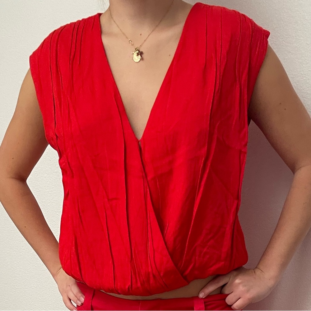 Alice and Olivia Red V-neck Blouse